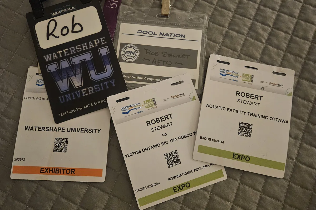 Rob Stewart’s badges from pool and spa industry trade shows